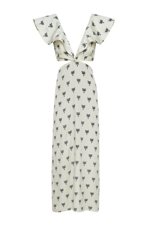 Quetzal Martellato Silk Midi Dress / Ivory - Black Polka Palms